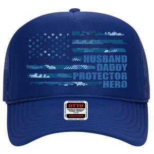 American Usa Flag Camouflage Husbanddaddyprotectorhero Cool Gift High Crown Mesh Back Trucker Hat