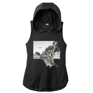 Alien UFO Funny Raccoon Reaching, Funny Raccoon Alien Ladies PosiCharge Tri-Blend Wicking Draft Hoodie Tank