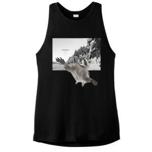 Alien UFO Funny Raccoon Reaching, Funny Raccoon Alien Ladies PosiCharge Tri-Blend Wicking Tank