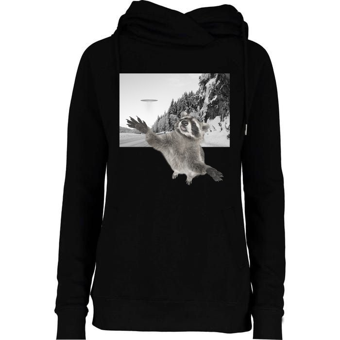 Alien UFO Funny Raccoon Reaching, Funny Raccoon Alien Womens Funnel Neck Pullover Hood