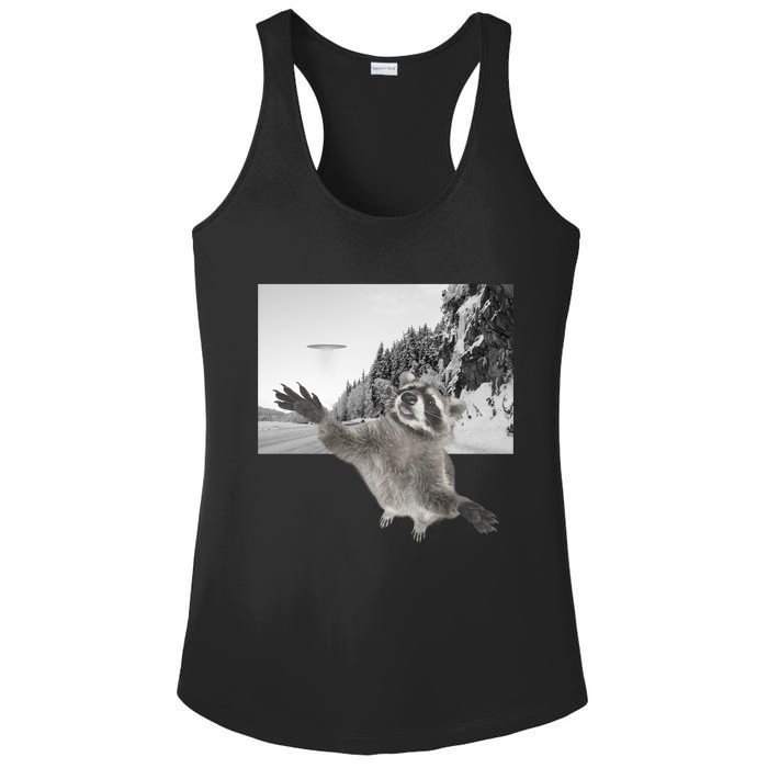 Alien UFO Funny Raccoon Reaching, Funny Raccoon Alien Ladies PosiCharge Competitor Racerback Tank