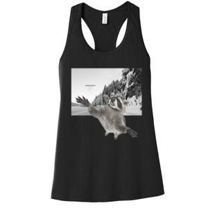 Alien UFO Funny Raccoon Reaching, Funny Raccoon Alien Women's Racerback Tank