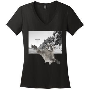 Alien UFO Funny Raccoon Reaching, Funny Raccoon Alien Women's V-Neck T-Shirt