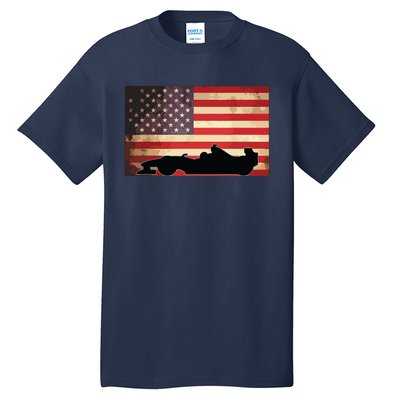 American USA Flag Indy Car Fan Lover Racecar Formula Gift Tall T-Shirt