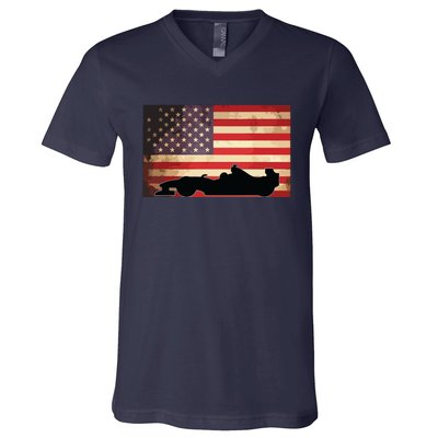 American USA Flag Indy Car Fan Lover Racecar Formula Gift V-Neck T-Shirt