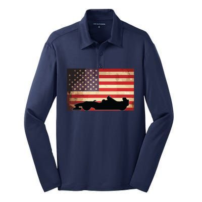 American USA Flag Indy Car Fan Lover Racecar Formula Gift Silk Touch Performance Long Sleeve Polo