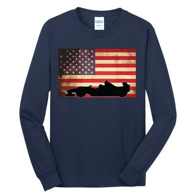 American USA Flag Indy Car Fan Lover Racecar Formula Gift Tall Long Sleeve T-Shirt