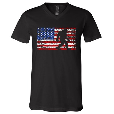 American USA Flag Bigfoot Sasquatch Patriotic 4th of July V-Neck T-Shirt