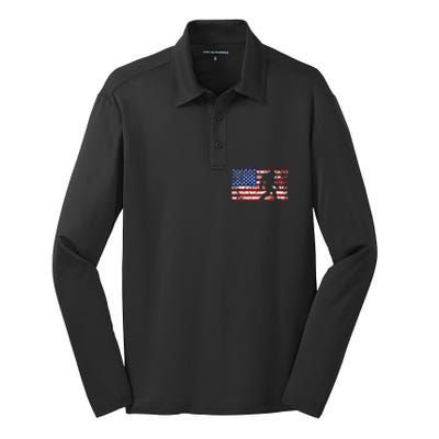 American USA Flag Bigfoot Sasquatch Patriotic 4th of July Silk Touch Performance Long Sleeve Polo