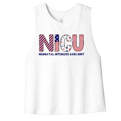 American USA Flag NICU Nurse 4th Of July Funny Nurse Life Women's Racerback Cropped Tank