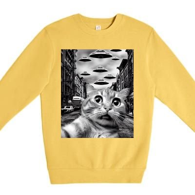 Alien UFO Funny Cat Selfie Premium Crewneck Sweatshirt