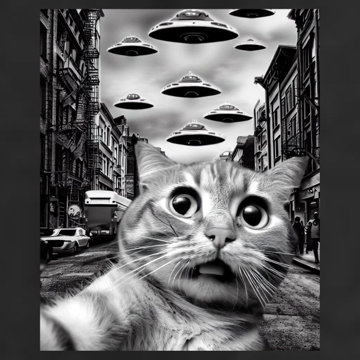 Alien UFO Funny Cat Selfie 7 Panel Mesh Trucker Snapback Hat