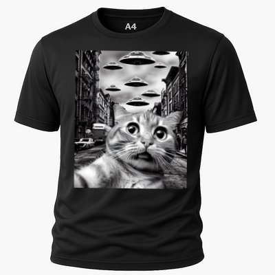 Alien UFO Funny Cat Selfie Cooling Performance Crew T-Shirt