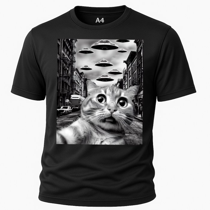 Alien UFO Funny Cat Selfie Cooling Performance Crew T-Shirt