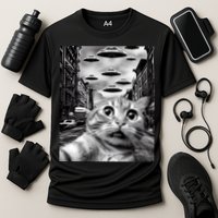 Alien UFO Funny Cat Selfie Cooling Performance Crew T-Shirt