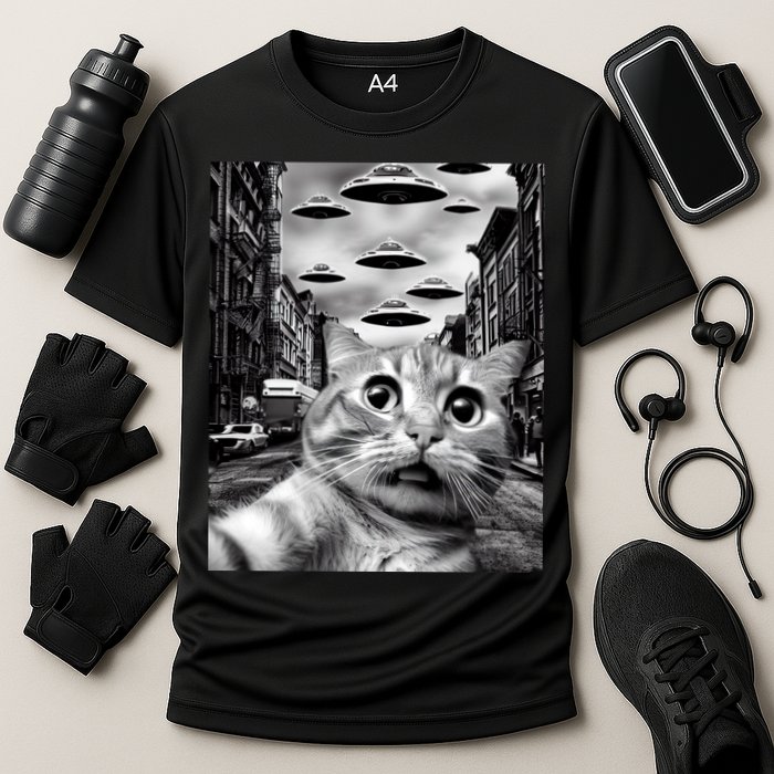 Alien UFO Funny Cat Selfie Cooling Performance Crew T-Shirt