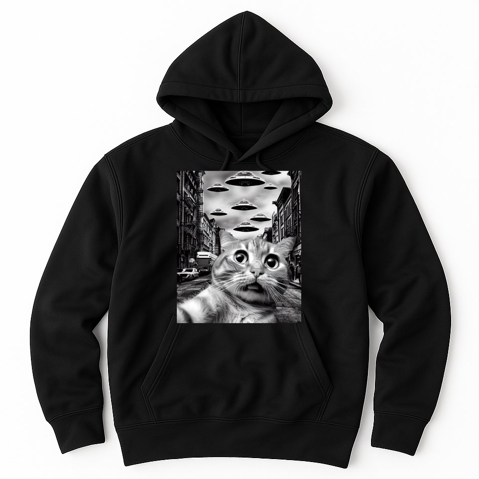 Alien UFO Funny Cat Selfie Hoodie