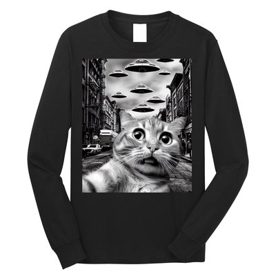 Alien UFO Funny Cat Selfie Long Sleeve Shirt