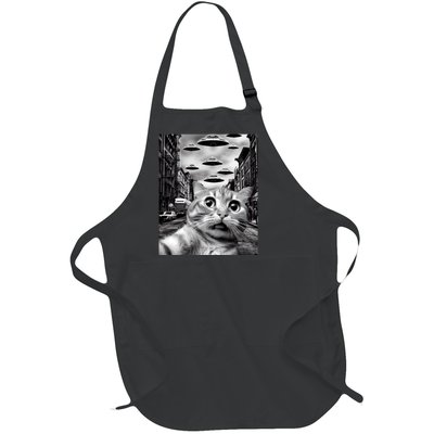 Alien UFO Funny Cat Selfie Full-Length Apron With Pockets