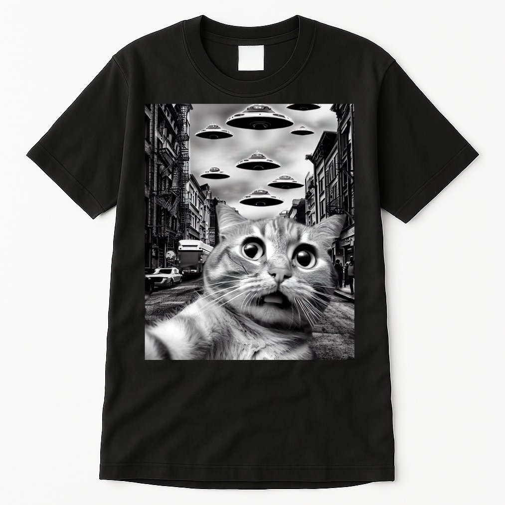 Alien UFO Funny Cat Selfie Tall T-Shirt