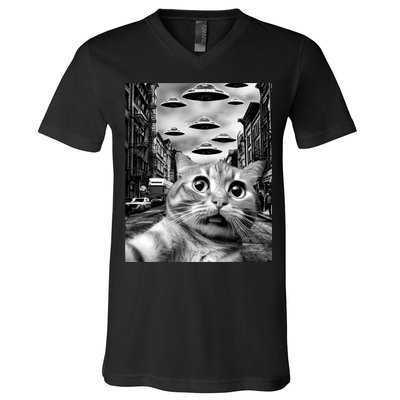 Alien UFO Funny Cat Selfie V-Neck T-Shirt