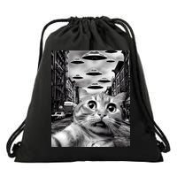Alien UFO Funny Cat Selfie Drawstring Bag