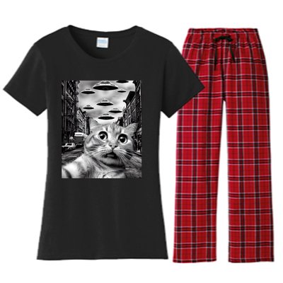 Alien UFO Funny Cat Selfie Women's Flannel Pajama Set