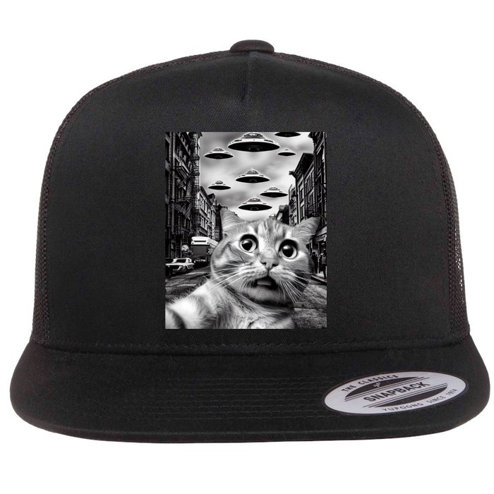 Alien UFO Funny Cat Selfie Flat Bill Trucker Hat