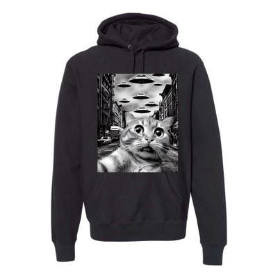 Alien UFO Funny Cat Selfie Premium Hoodie