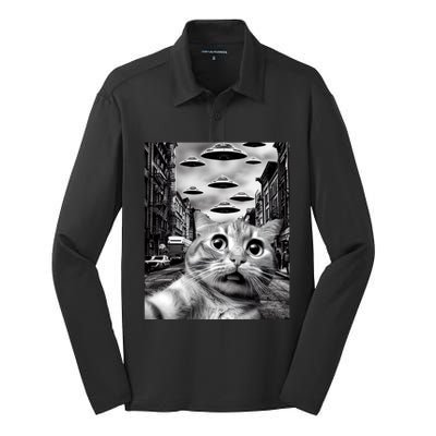 Alien UFO Funny Cat Selfie Silk Touch Performance Long Sleeve Polo