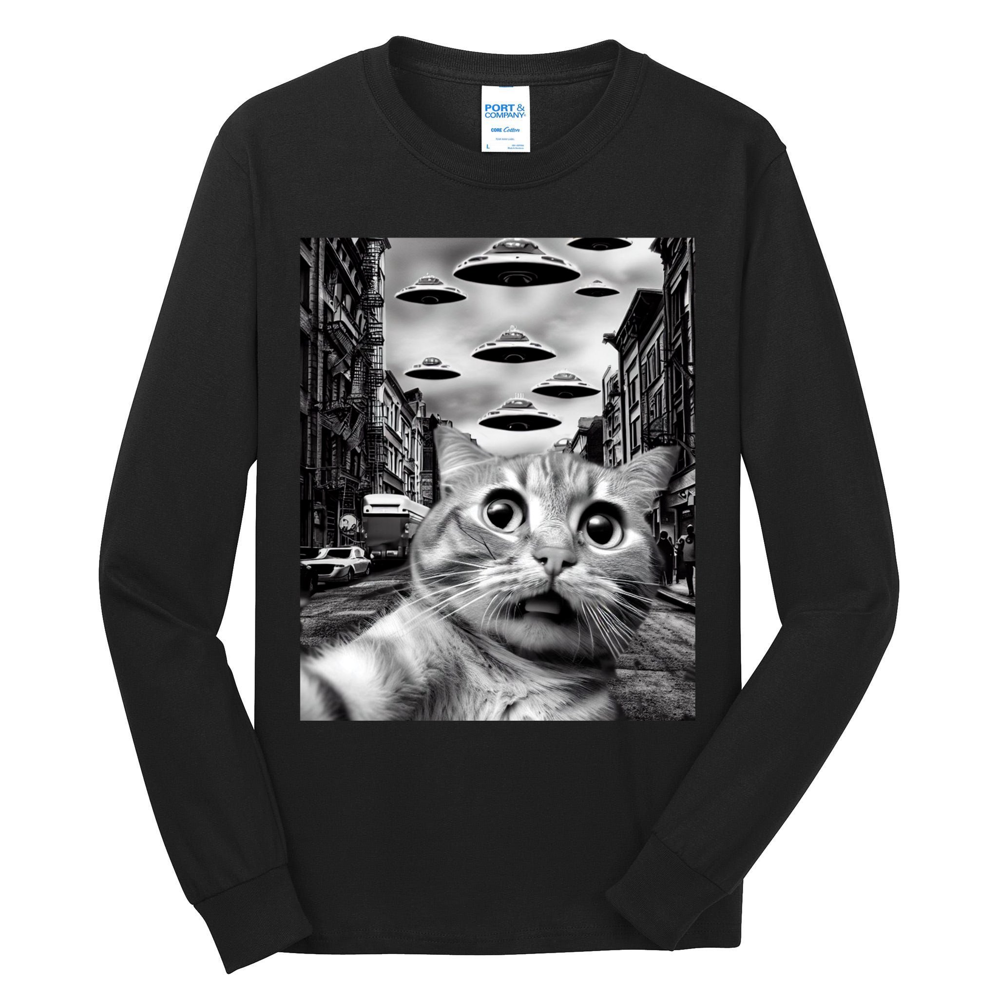 Alien UFO Funny Cat Selfie Tall Long Sleeve T-Shirt