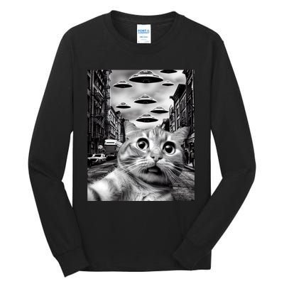 Alien UFO Funny Cat Selfie Tall Long Sleeve T-Shirt