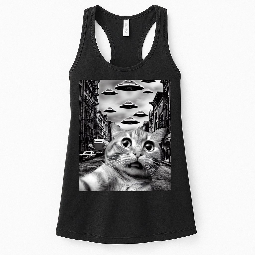 Alien UFO Funny Cat Selfie Womens Tank Top
