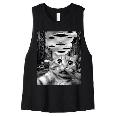 Alien UFO Funny Cat Selfie Women's Racerback Cropped Tank