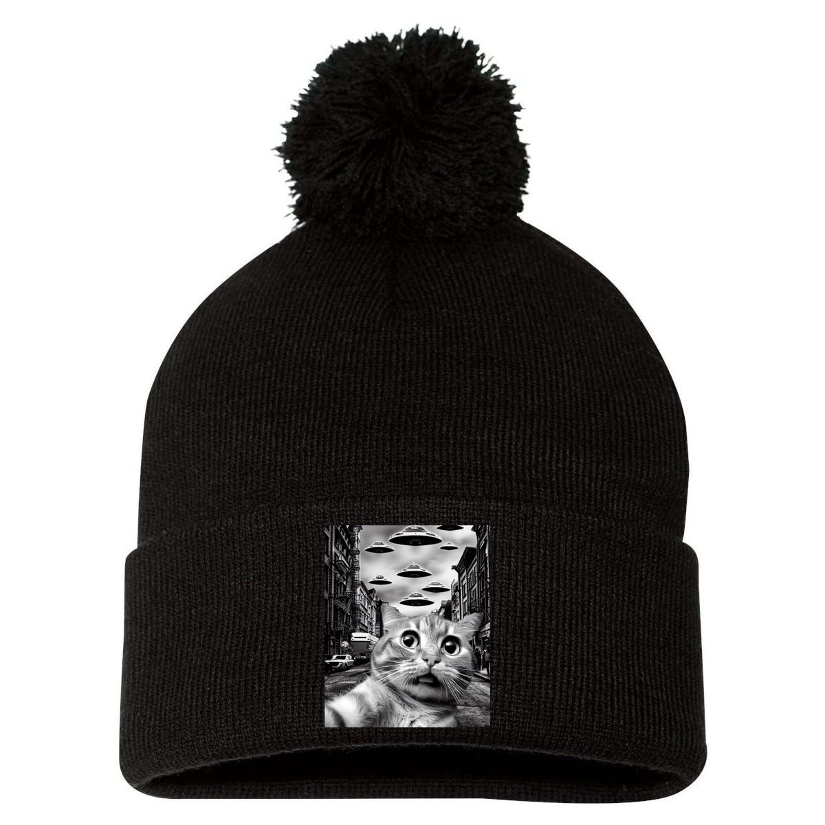 Alien UFO Funny Cat Selfie Pom Pom 12in Knit Beanie