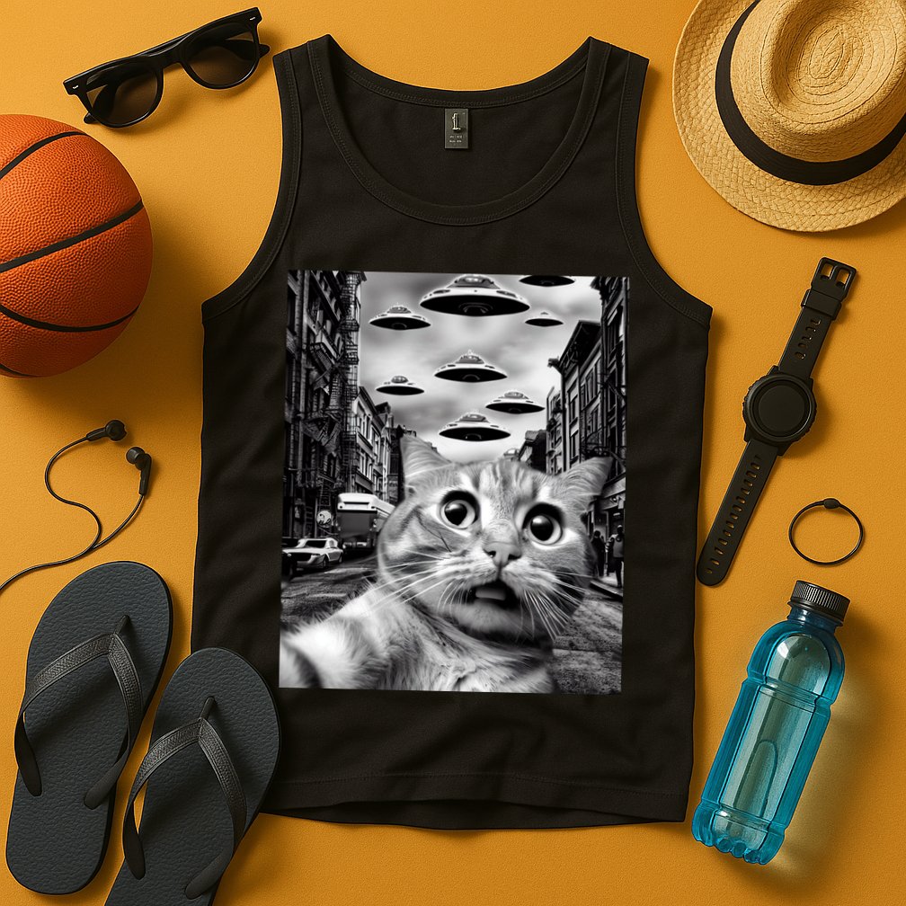 Alien UFO Funny Cat Selfie Tank Top