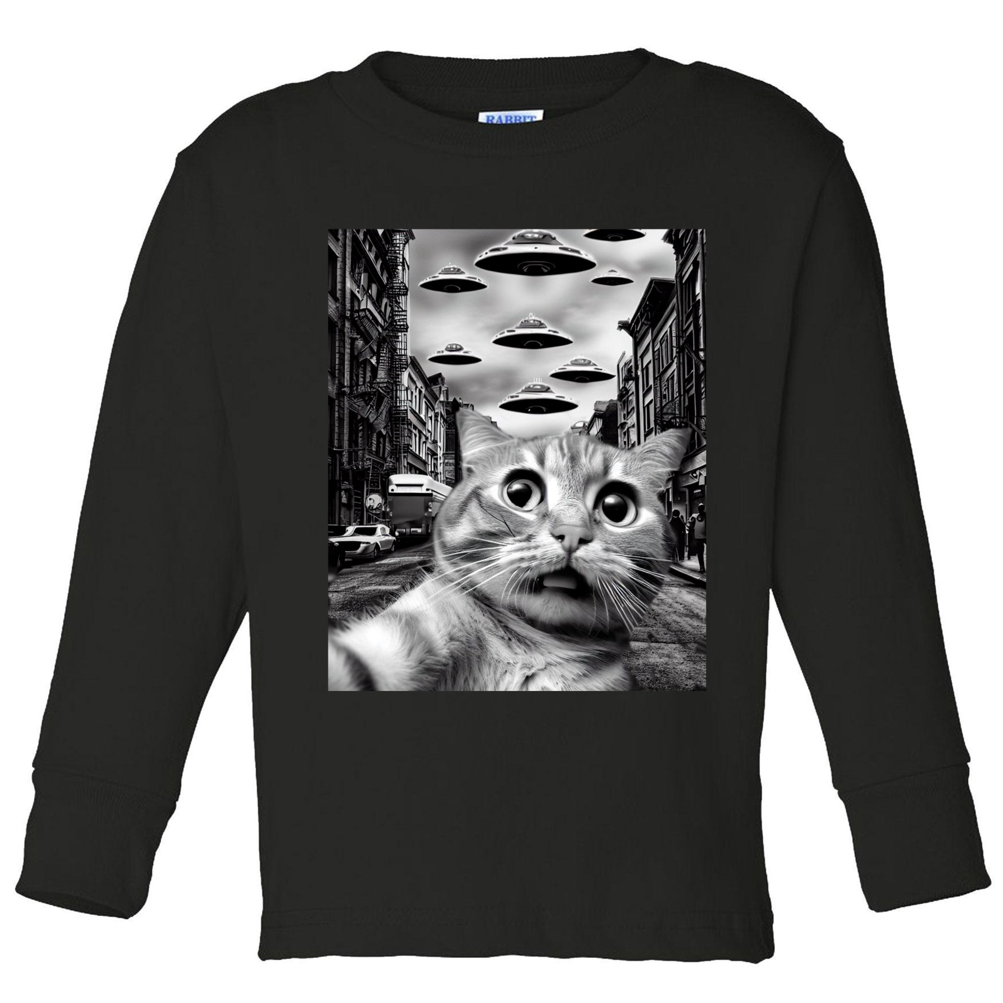 Alien UFO Funny Cat Selfie Toddler Long Sleeve Shirt