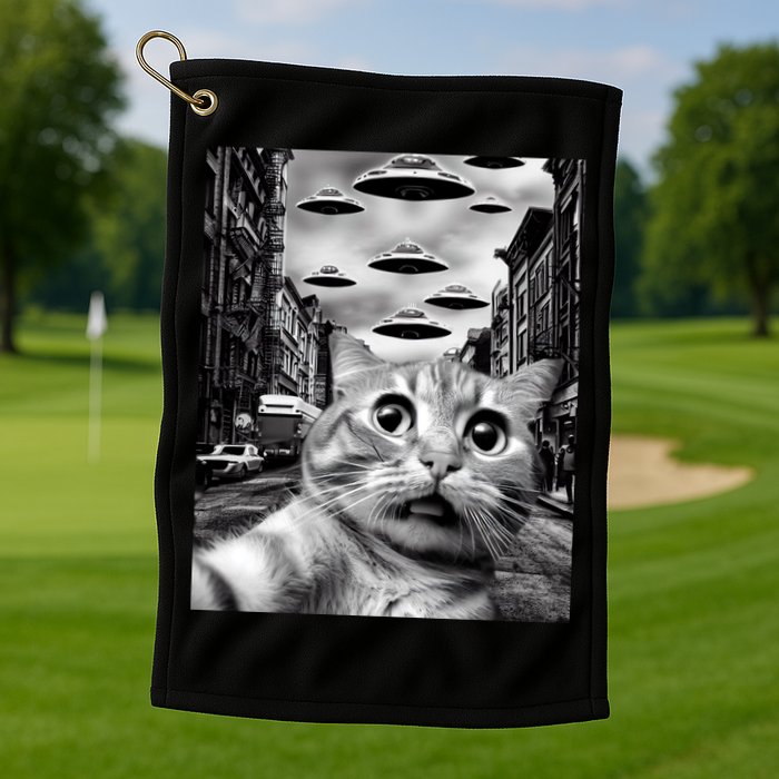 Alien UFO Funny Cat Selfie Golf Towel
