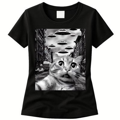 Alien UFO Funny Cat Selfie Womens T-Shirt
