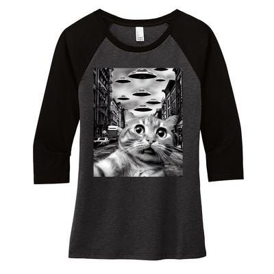 Alien UFO Funny Cat Selfie Women's Tri-Blend 3/4-Sleeve Raglan Shirt