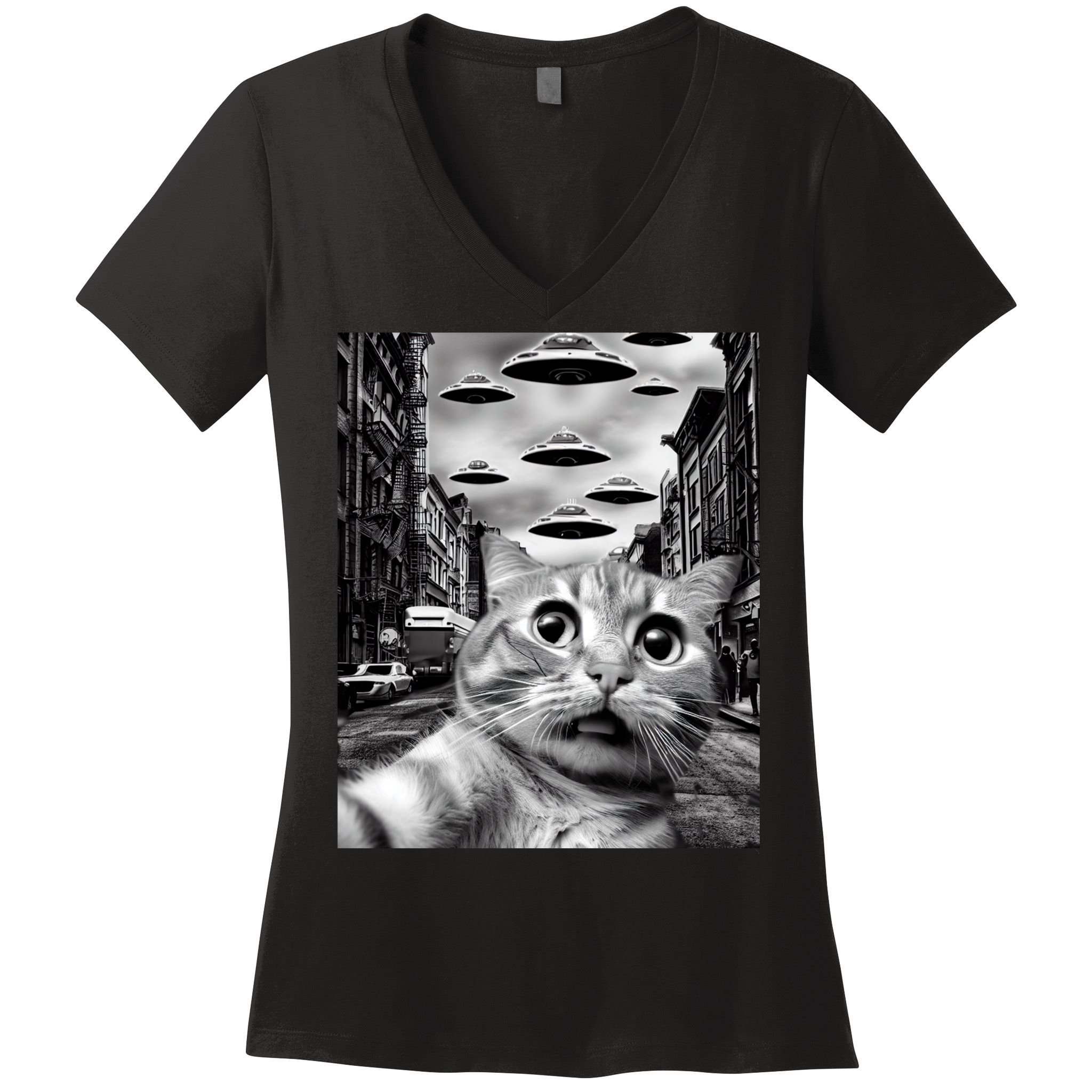 Alien UFO Funny Cat Selfie Women's V-Neck T-Shirt