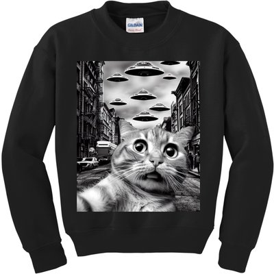 Alien UFO Funny Cat Selfie Kids Sweatshirt