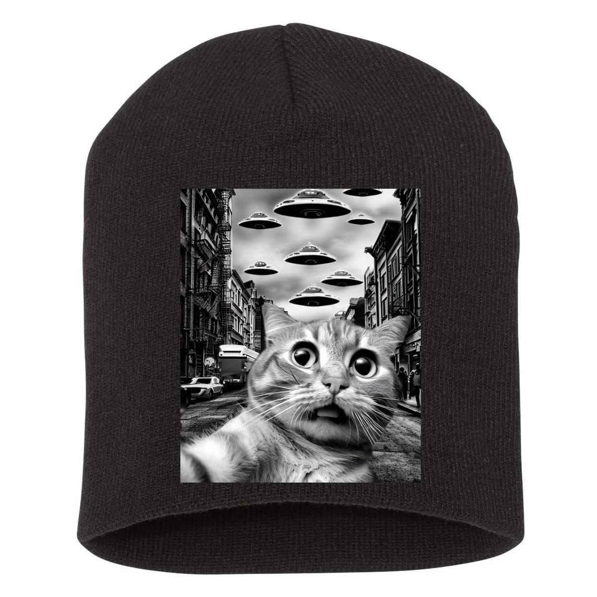 Alien UFO Funny Cat Selfie Short Acrylic Beanie