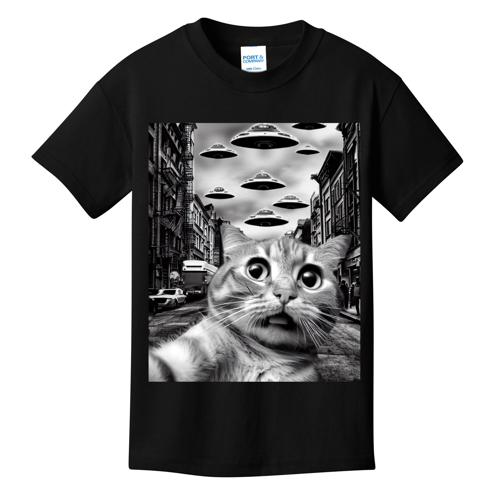 Alien UFO Funny Cat Selfie Kids T-Shirt