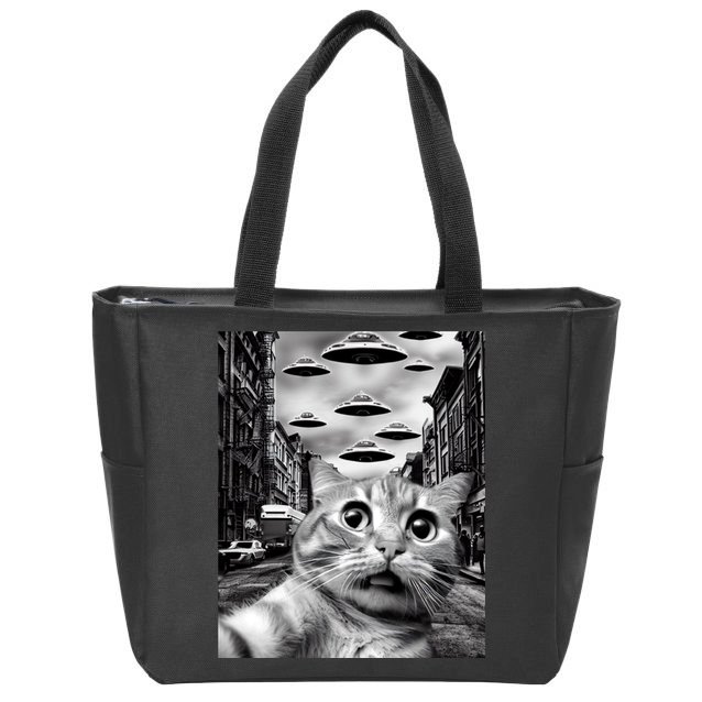 Alien UFO Funny Cat Selfie Zip Tote Bag