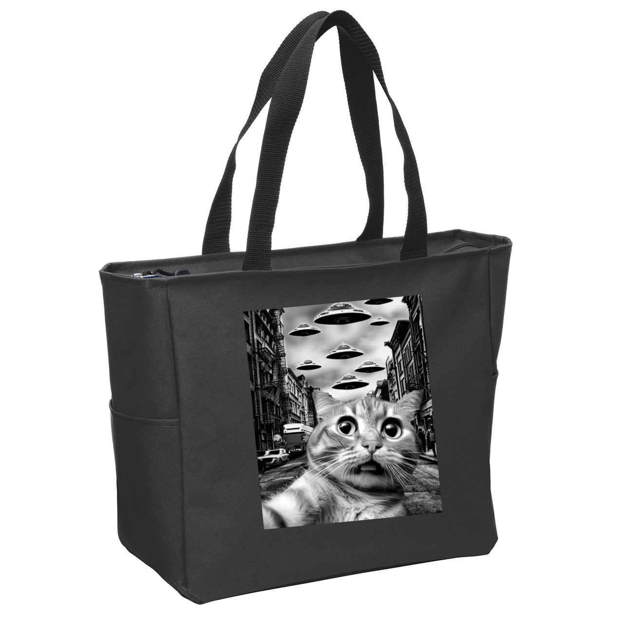 Alien UFO Funny Cat Selfie Zip Tote Bag