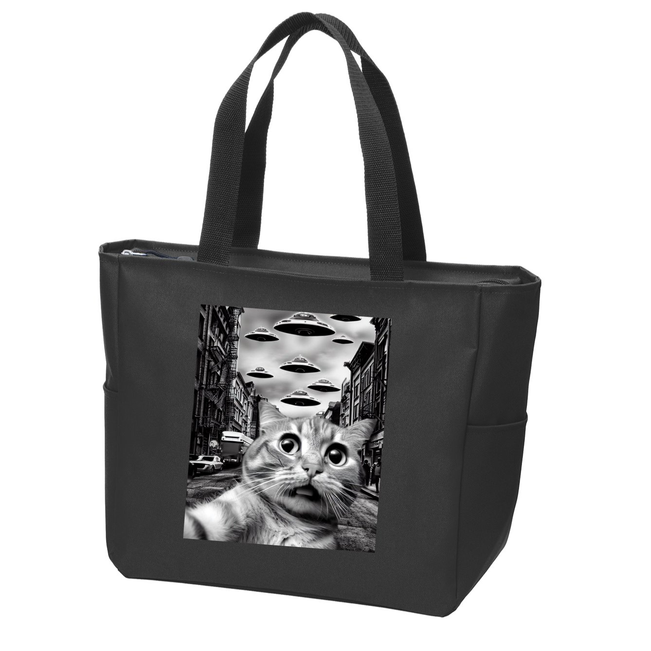 Alien UFO Funny Cat Selfie Zip Tote Bag