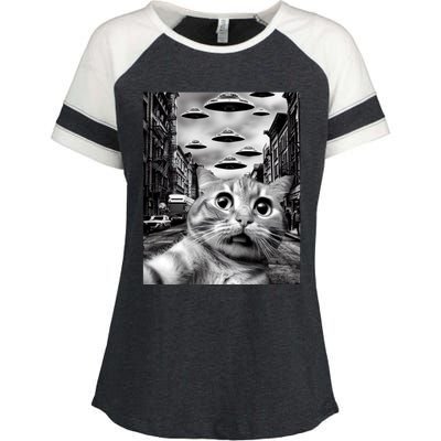 Alien UFO Funny Cat Selfie Enza Ladies Jersey Colorblock Tee