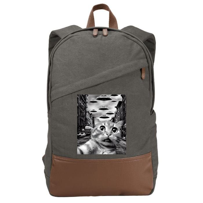 Alien UFO Funny Cat Selfie Cotton Canvas Backpack