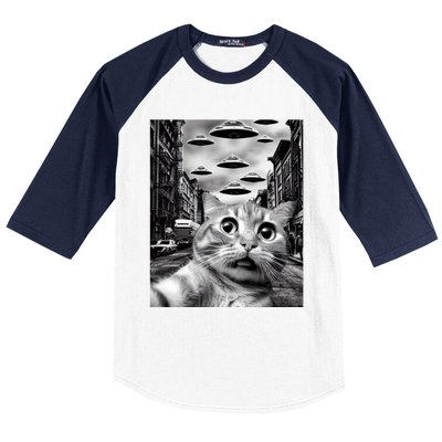 Alien UFO Funny Cat Selfie Baseball Sleeve Shirt